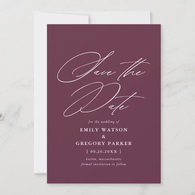 Modern Minimal Calligraphy Burgundy Wedding Save The Date (Front)