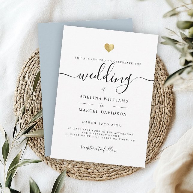 Modern Minimal Calligraphy Gold Dusty Blue Wedding Invitation (Creator Uploaded)