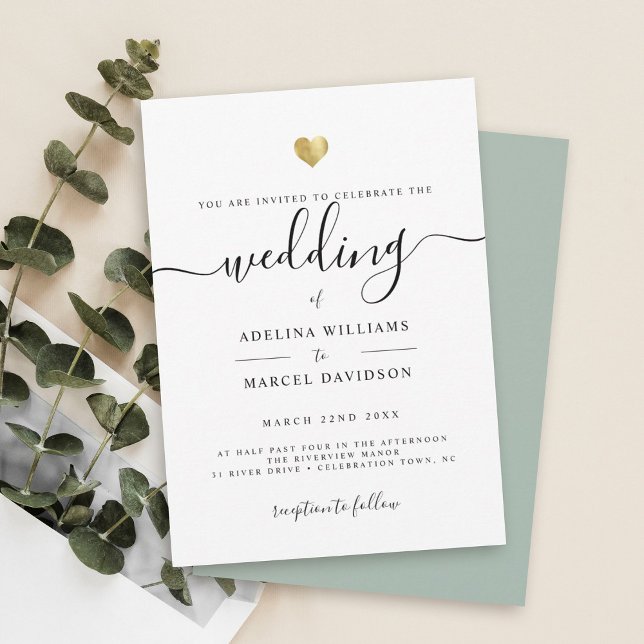 Modern Minimal Calligraphy Gold Greenery Wedding Invitation (Creator Uploaded)