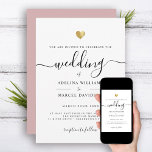 Modern Minimal Calligraphy Gold Heart Wedding Invitation<br><div class="desc">This chic wedding invitation shines with simplicity. Modern typography,  gorgeous calligraphy accented by a pretty heart in (printed) gold,  this suite is both minimal and elegant. Space for more details on the back (or leave blank). This is the dusty blush pink background version.</div>