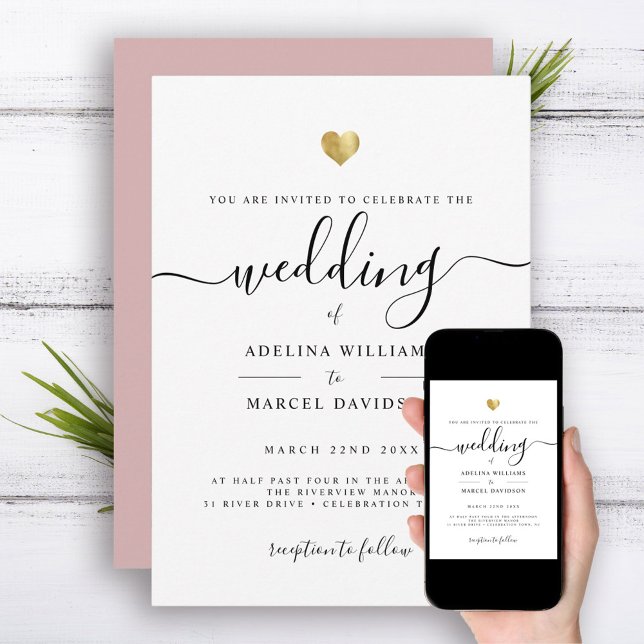 Modern Minimal Calligraphy Gold Heart Wedding Invitation (Creator Uploaded)