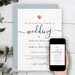 Modern Minimal Calligraphy Rose Gold Heart Wedding Invitation<br><div class="desc">This chic wedding invitation shines with simplicity. Modern typography, gorgeous calligraphy accented by a pretty heart in (printed) rose gold, this suite is both minimal and elegant. Space for more details on the back (or leave blank). This is the dusty light blue background version - colour is easily personalised in...</div>