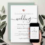 Modern Minimal Calligraphy Rose Gold Heart Wedding Invitation<br><div class="desc">This chic wedding invitation shines with simplicity. Modern typography, gorgeous calligraphy accented by a pretty heart in (printed) rose gold, this suite is both minimal and elegant. Space for more details on the back (or leave blank). This is the dusty light sage green background version - colour is easily personalised...</div>