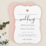 Modern Minimal Calligraphy Rose Gold Heart Wedding Invitation<br><div class="desc">This chic wedding invitation shines with simplicity. Modern typography, gorgeous calligraphy accented by a pretty heart in (printed) rose gold, this suite is both minimal and elegant. Space for more details on the back (or leave blank). This is the blush pink background version - colour is easily personalised in the...</div>