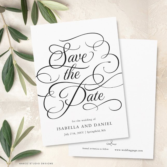 Modern Minimal Calligraphy Wedding Save The Date Invitation (The front and back of the invitation shown in a 5x7-inch size. Choose size, paper, and corner style.)