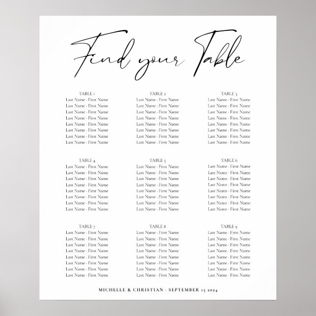 Modern Minimal Calligraphy Wedding Seating Chart (Front)