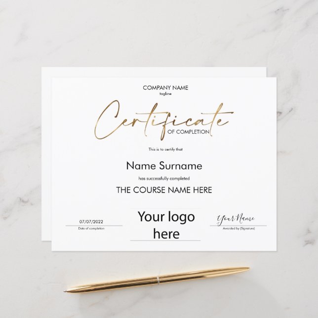 Modern Minimal Certificate of Completion Add Logo (Front/Back In Situ)