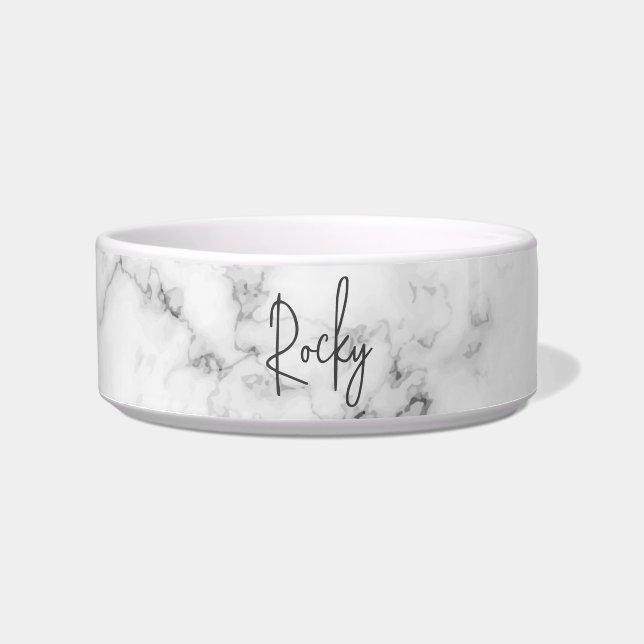 Modern Minimal Chic Grey Marble Custom Dog Name Bowl (Front)