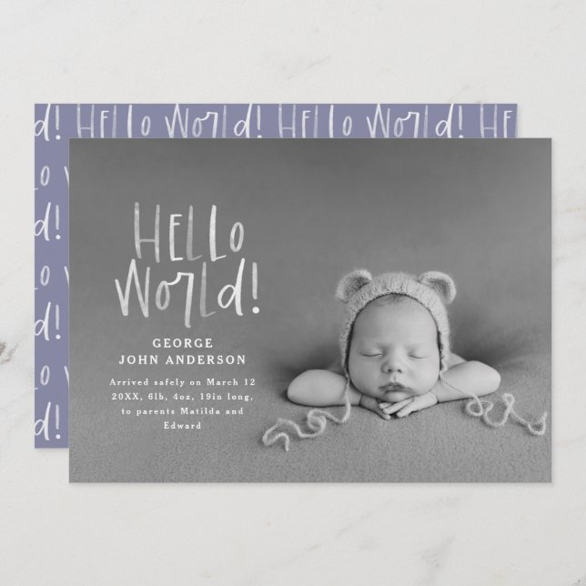 Modern minimal chic purple typography photo birth announcement (Front/Back)