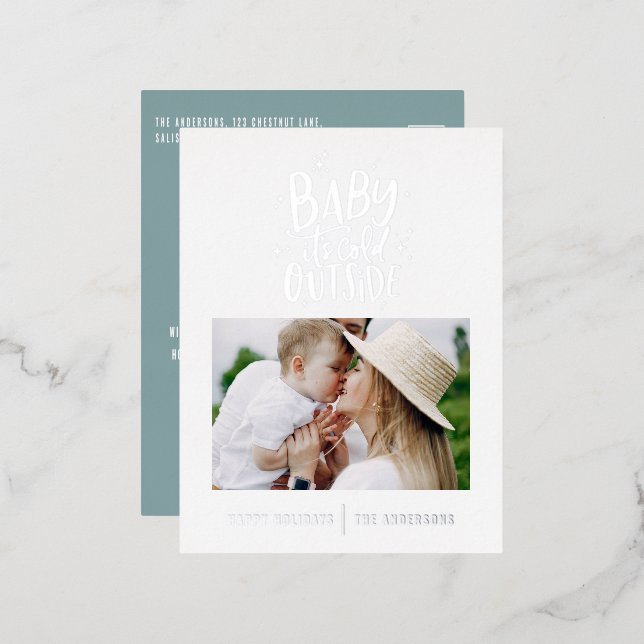 Modern minimal Christmas baby blue elegant photo Foil Holiday Postcard (Front/Back)
