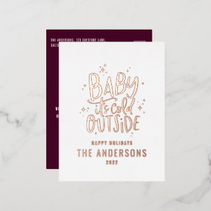 Modern minimal Christmas burgundy elegant Foil Holiday Postcard