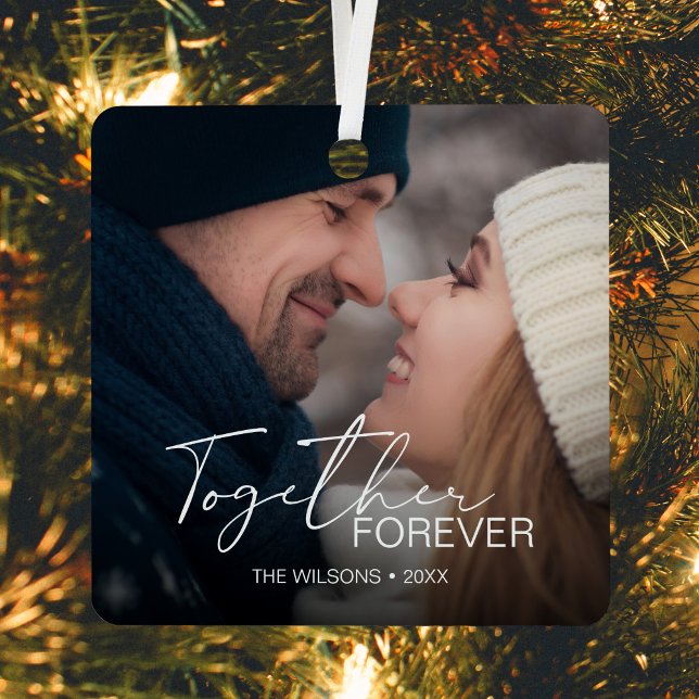 Modern Minimal Christmas Couple Photo Metal Tree Decoration (Creator Uploaded)