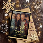 Modern minimal Christmas Merry and Bright photo Foil Holiday Card<br><div class="desc">Simple minimalist Christmas holiday fully customisable TEMPLATE card with your family photo, "Merry Bright & Grateful together" (changeable text) GOLD foil script (you can change foil colour to SILVER or ROSE GOLD) and with a black frame (changeable colour). Easy to personalise with your picture, text, family name, and your wishes...</div>