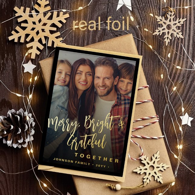 Modern minimal Christmas Merry and Bright photo Foil Holiday Card (Creator Uploaded)