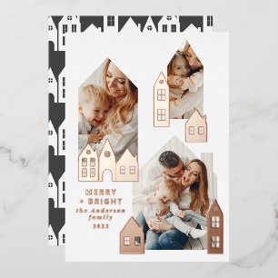Modern minimal Christmas Nordic houses 3 photo Foil Holiday Card