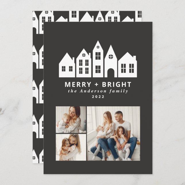 Modern minimal Christmas Nordic houses 3 photo Hol Holiday Card (Front/Back)