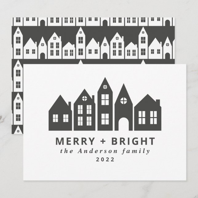 Modern minimal Christmas Nordic houses grey Holiday Card (Front/Back)