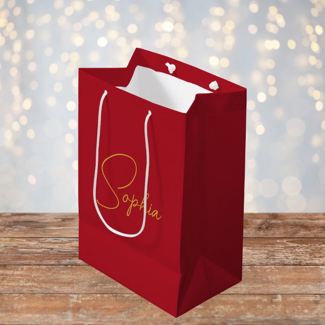 Modern Minimal Christmas Red Custom Name Gift Medium Gift Bag (Creator Uploaded)