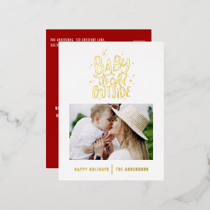 Modern minimal Christmas red elegant photo Foil Holiday Postcard