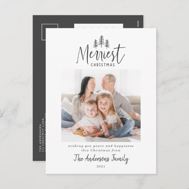 Modern minimal Christmas rustic multi photo Holiday Postcard (Front/Back)