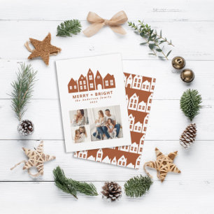 Modern minimal Christmas terracotta houses 3 photo Holiday Card