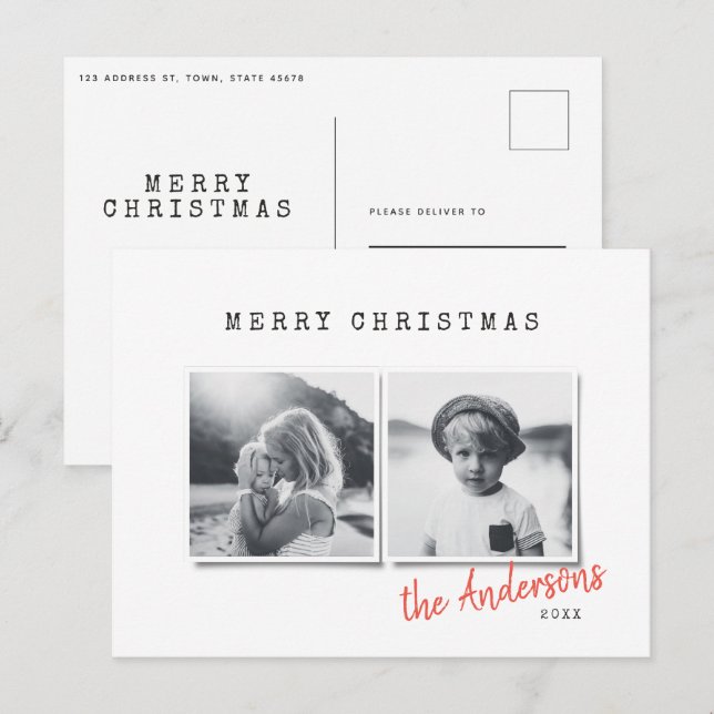 Modern minimal Christmas two photo family holiday Postcard (Front/Back)