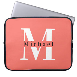 Modern Minimal Coral Initial + Name Monogram Laptop Sleeve