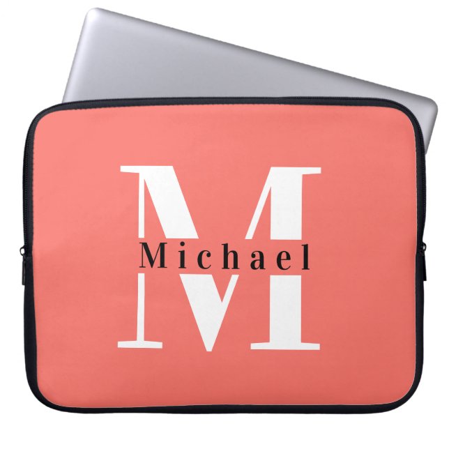 Modern Minimal Coral Initial + Name Monogram Laptop Sleeve (Front)