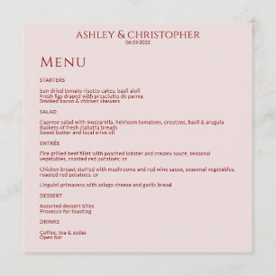 Modern Minimal Crimson & Rose Wedding Reception Menu