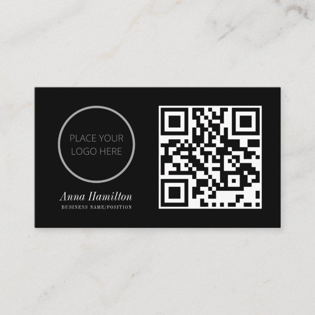 Modern Minimal Custom Company Logo QR Code Black Business Card (Front)