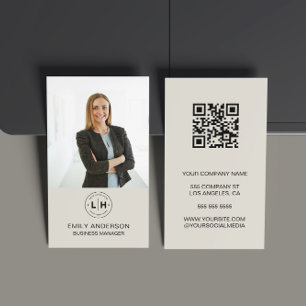 Modern Minimal Custom Photo Logo QR Neutral Tone Business Card