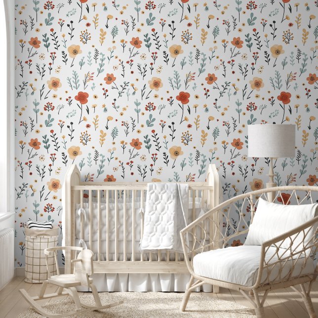 Modern Minimal Cute Boho Flowers Floral Nursery Wallpaper (Kids)