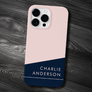 Modern minimal dark blue and pink custom name iPhone 14 pro max case