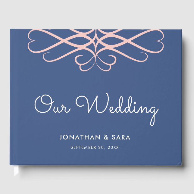 Modern Minimal Dark Blue Elegant Swirl Wedding Guest Book (Front)