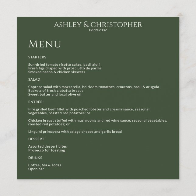 Modern Minimal Dark Moss Green Wedding Reception Menu (Front)