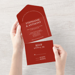 Modern Minimal Dark Red with Arch Wedding    All In One Invitation