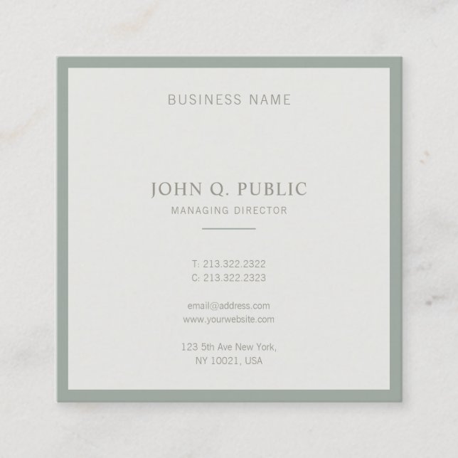 Modern Minimal Design Elegant Green Sophisticated Square Business Card (Front)