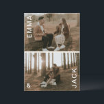 Modern minimal double photo save the date invitation<br><div class="desc">Celebrate your upcoming wedding in style with this beautifully designed double photo Save the Date card. The front displays two romantic engagement photos in soft, warm earth tones, with each photo framed by the couple’s vertical names in a bold, large serif font. The minimal, modern layout and neutral cream palette...</div>