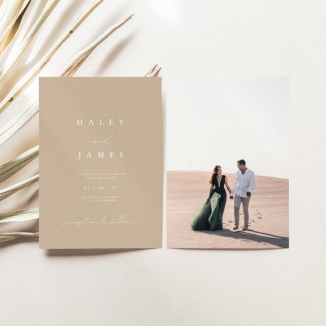 Modern Minimal Dusty Beige Script Photo Wedding  Invitation (Creator Uploaded)