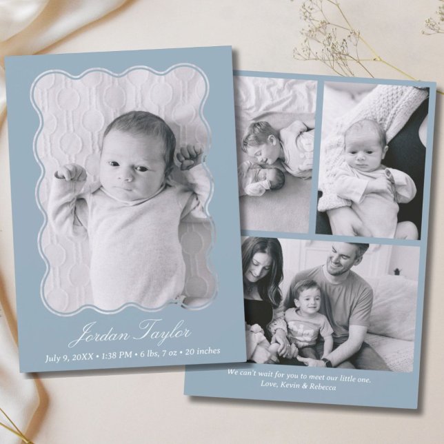 Modern Minimal Dusty Blue Newborn Baby Birth Announcement (Modern Minimal Dusty Blue Newborn Baby Birth Announcement)