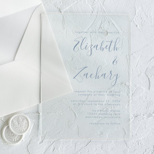 Modern Minimal Dusty Blue Script Wedding Acrylic Invitations (Creator Uploaded)