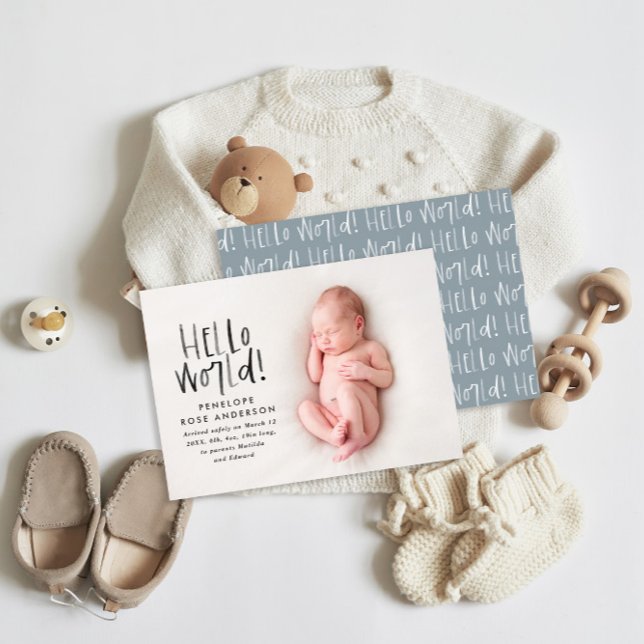 Modern minimal dusty blue simple photo birth announcement (Creator Uploaded)