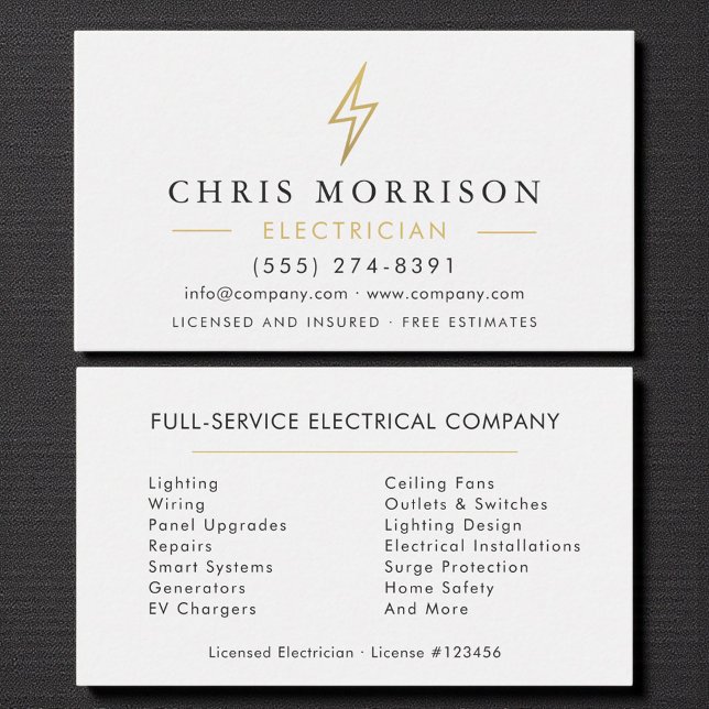 Modern Minimal Electrician White Gold Business Card (Creator Uploaded)