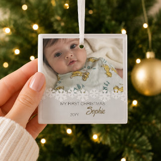 Modern Minimal Elegant Babys First Christmas Photo Glass Tree Decoration