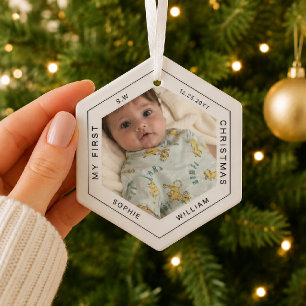 Modern Minimal Elegant Babys First Christmas Photo Glass Tree Decoration