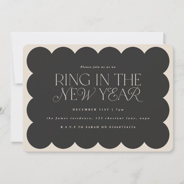 Modern minimal elegant black retro wavy edge invitation (Front)