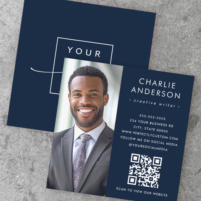 Modern minimal elegant dark blue photo square business card (Creator Uploaded)