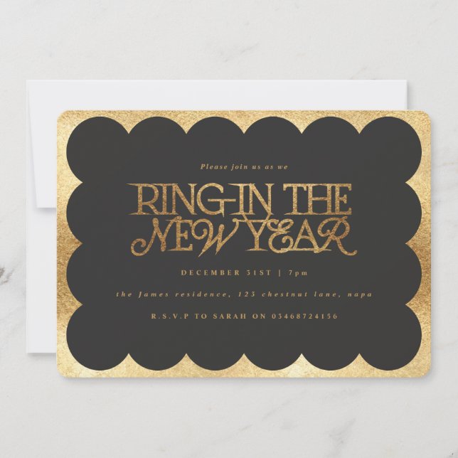 Modern minimal elegant gold effect retro wavy edge invitation (Front)