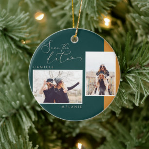 Modern, Minimal Elegant Gold&Teal Two Tone 2 Photo Ceramic Ornament