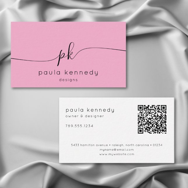 Modern Minimal Elegant Monogram Pink QR Code Business Card (Creator Uploaded)
